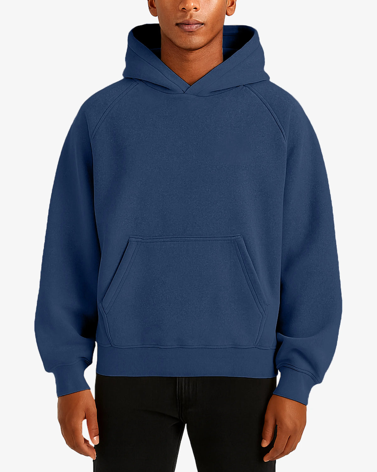 Person wearing a blue hoodie on a white background