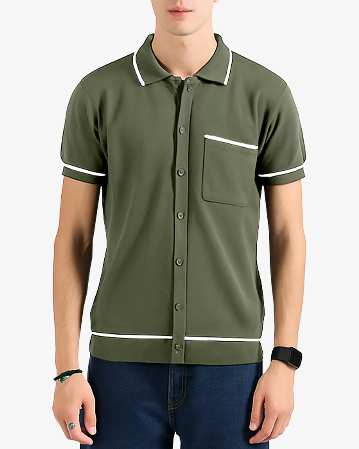 Green polo shirt with white accents worn by a person on a white background