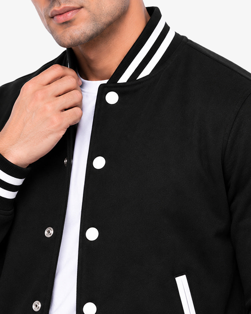 Monocrest Men's Black Pullover Varsity Jacket with White Trim