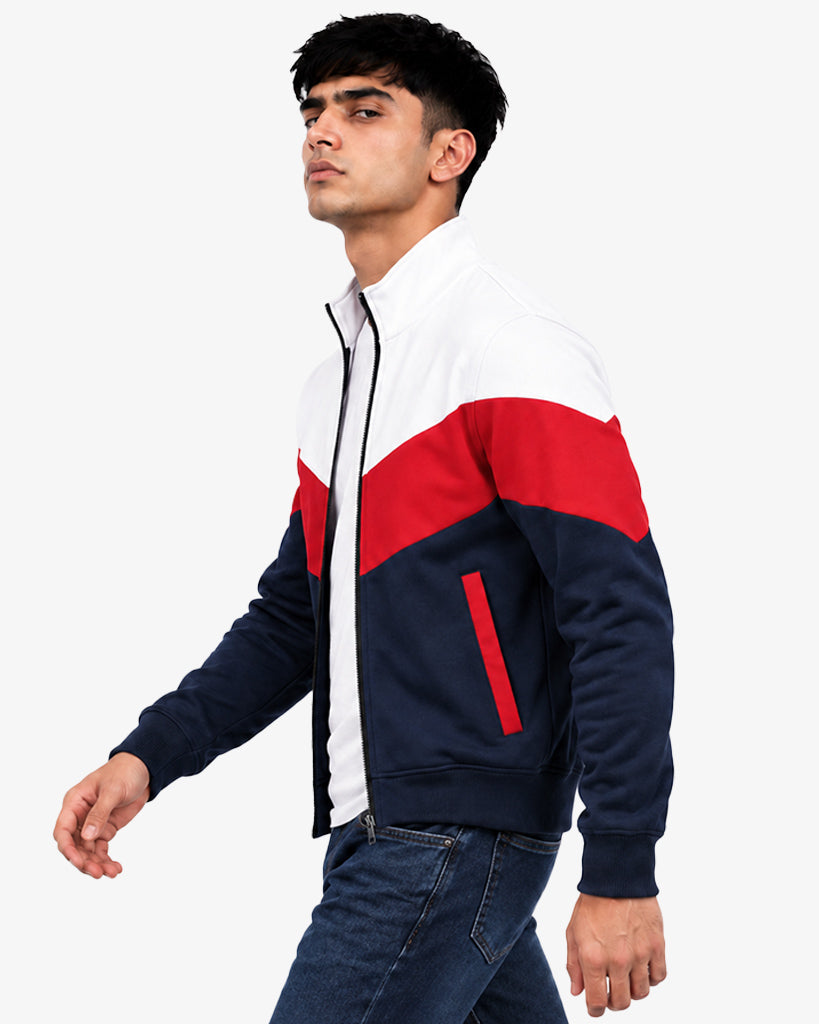Rallyarc Men's Navy Color Block Zip-Up Pullover Varsity Jacket