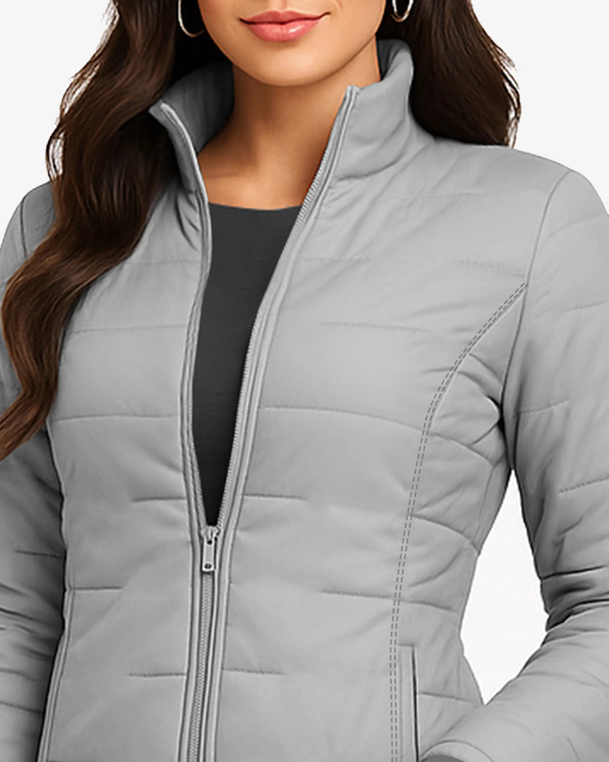 Gray quilted jacket worn by a person on a white background