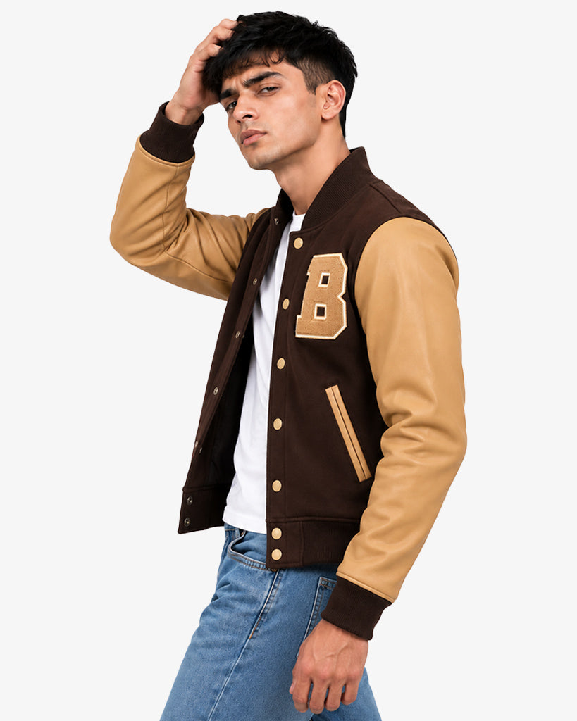 Bramber Men's Brown & Tan B-Patch Pullover Varsity Jacket