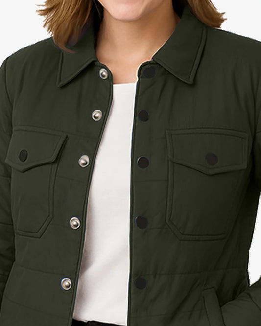 Green jacket with button details worn by a person on a white background