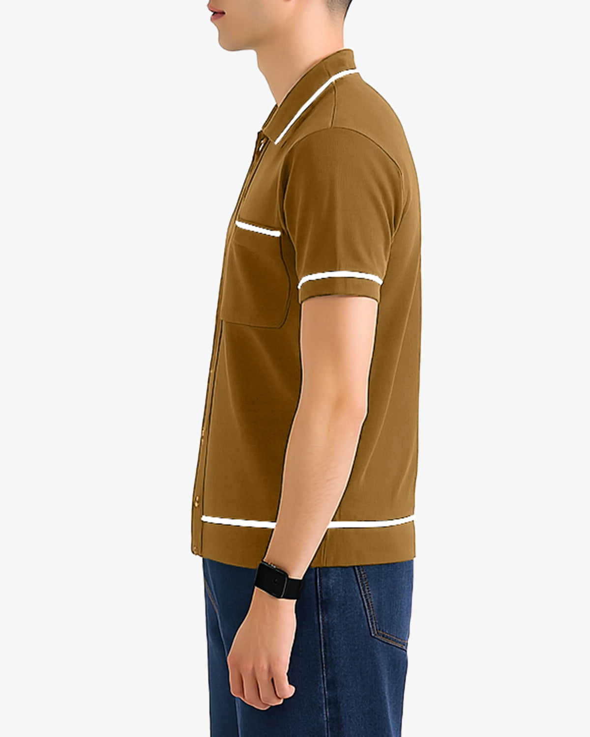 Man wearing a brown polo shirt with white accents on a plain background