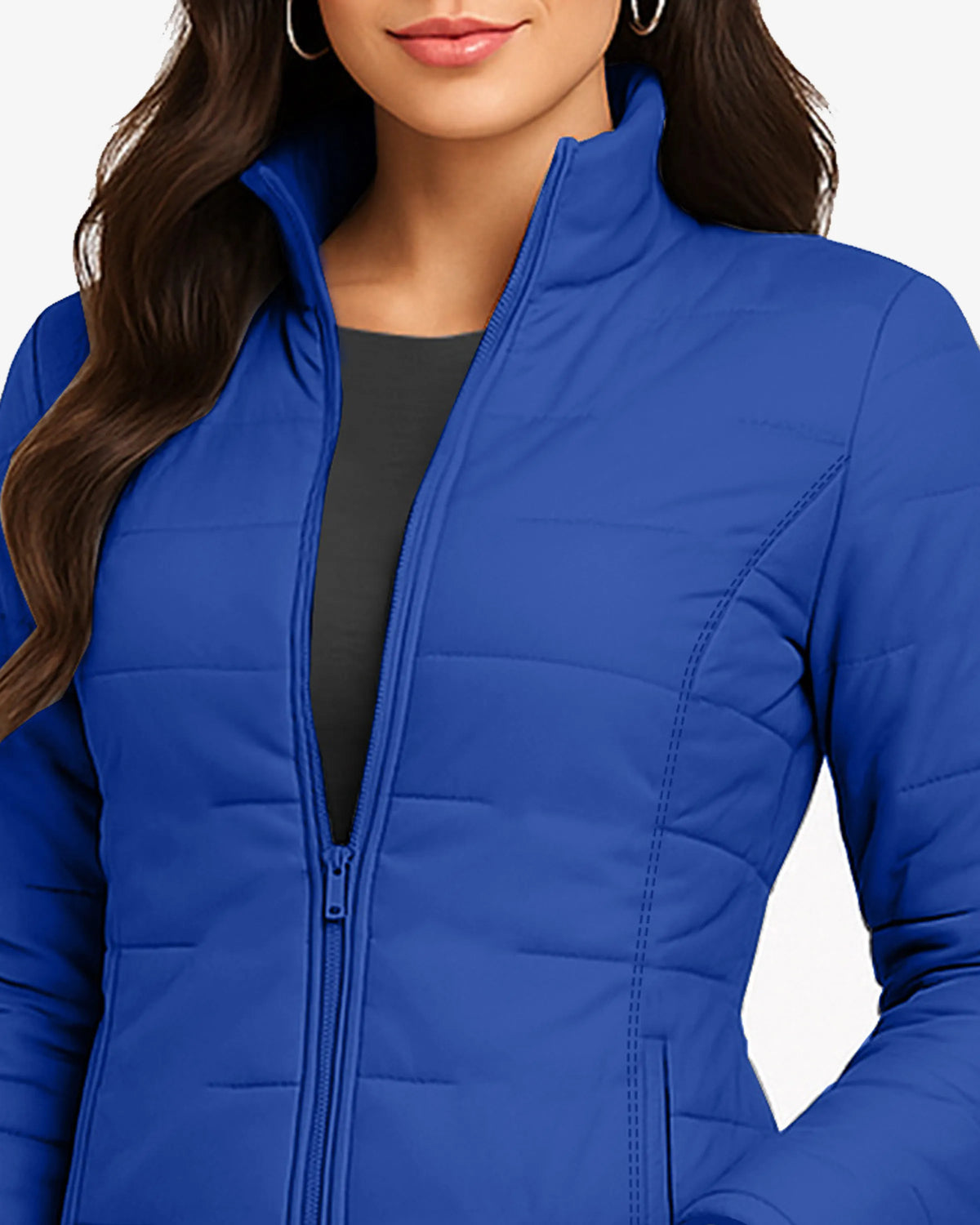 Blue puffer jacket worn by a person on a white background