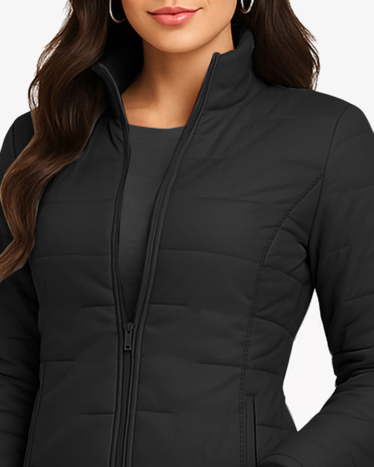 Black quilted jacket worn by a model on a white background