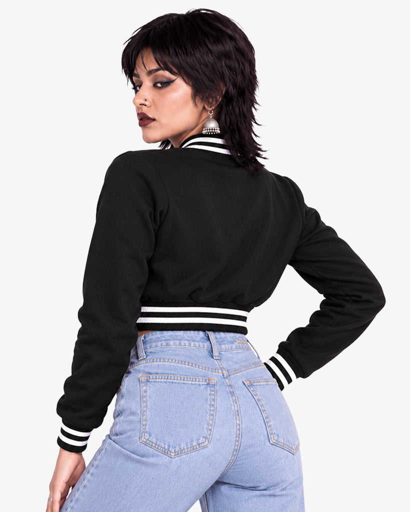 Noirette Women's Black Cropped Pullover Varsity Jacket