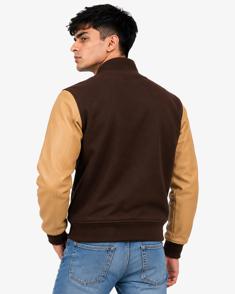 Bramber Men's Brown & Tan B-Patch Pullover Varsity Jacket