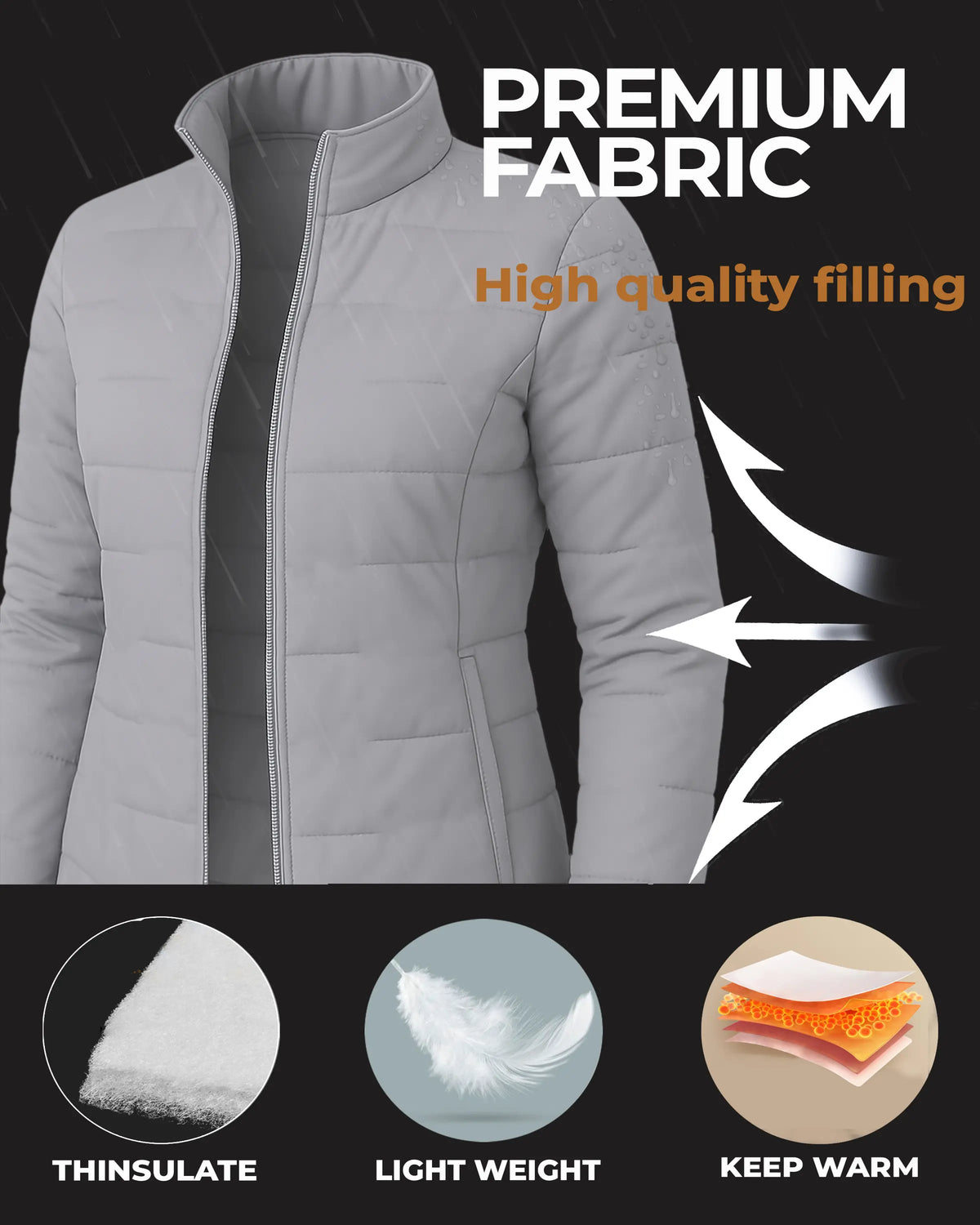 Gray puffer jacket with text highlighting premium fabric and high-quality filling on a black background.
