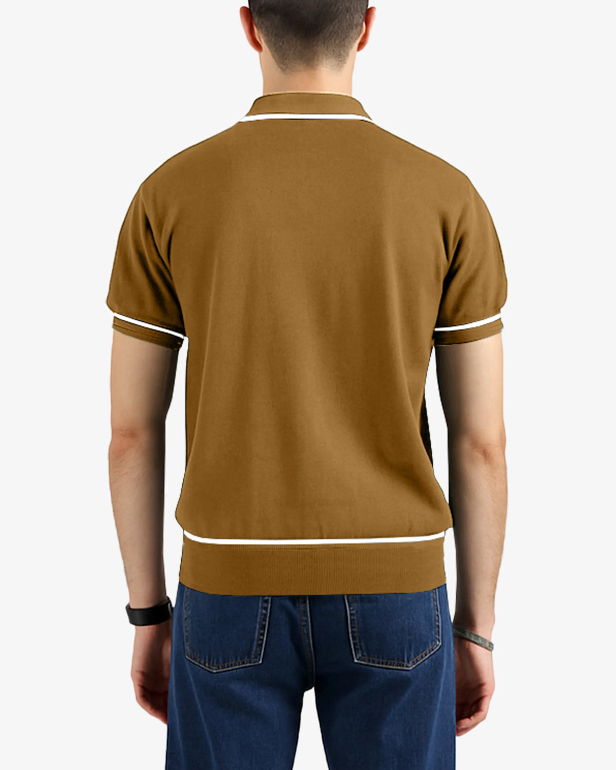 Man wearing a brown polo shirt with white trim on a plain background