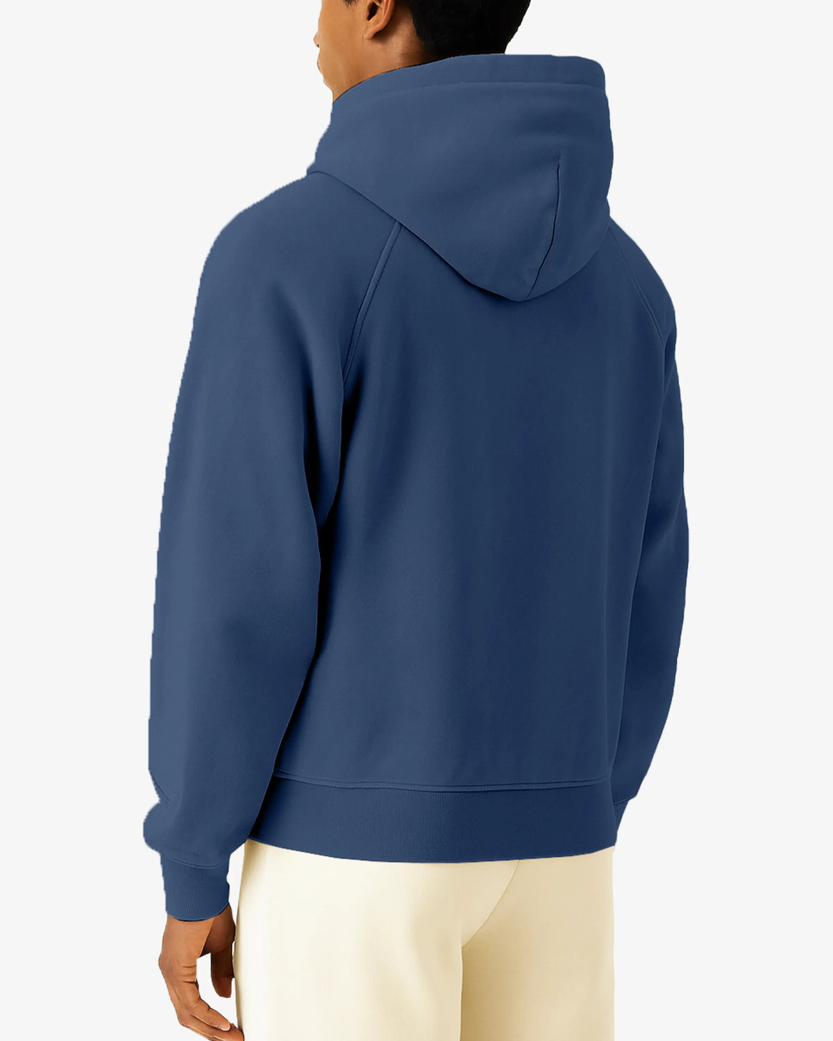 Person wearing a blue hoodie on a white background