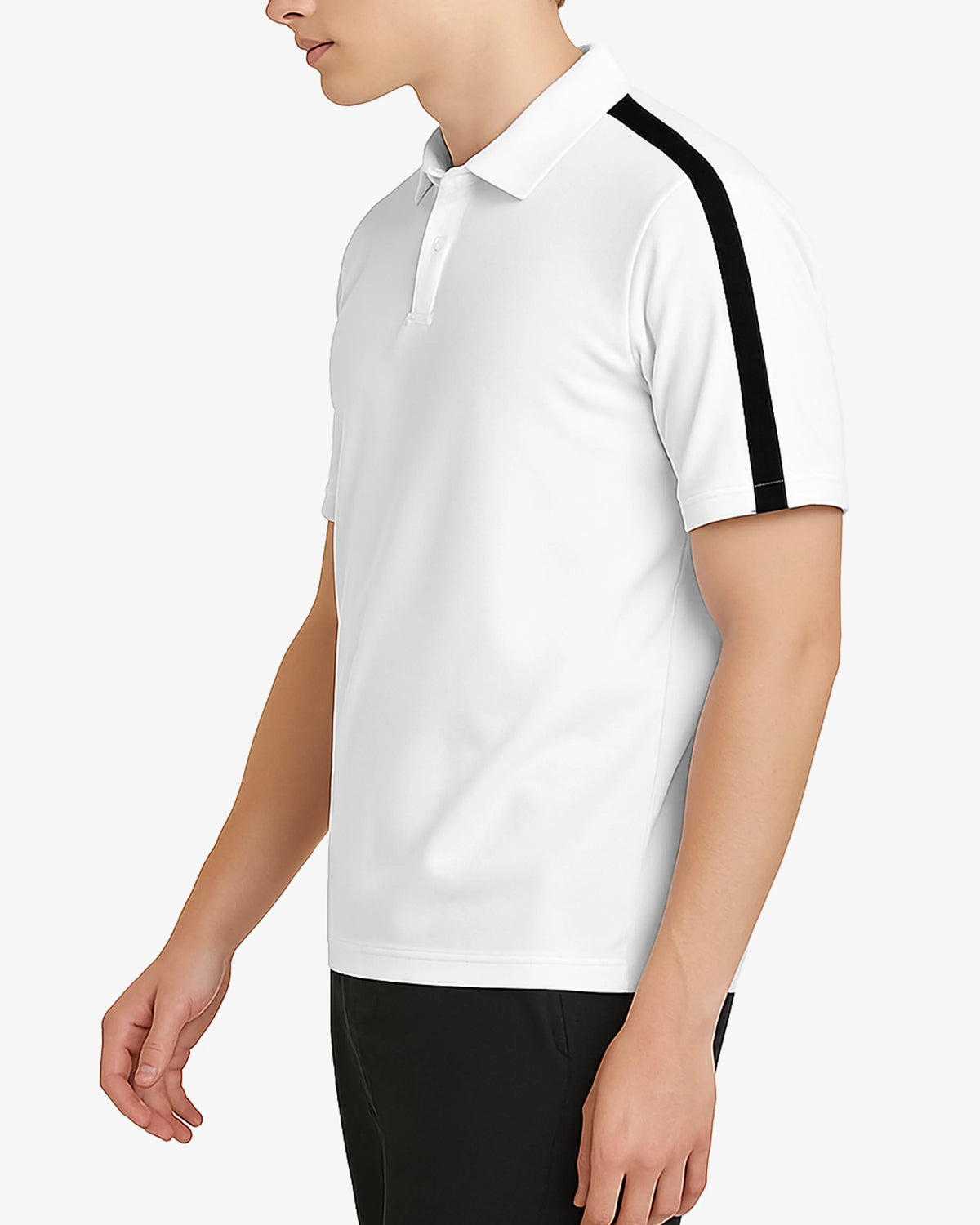 White polo shirt with black accents worn by a person on a white background