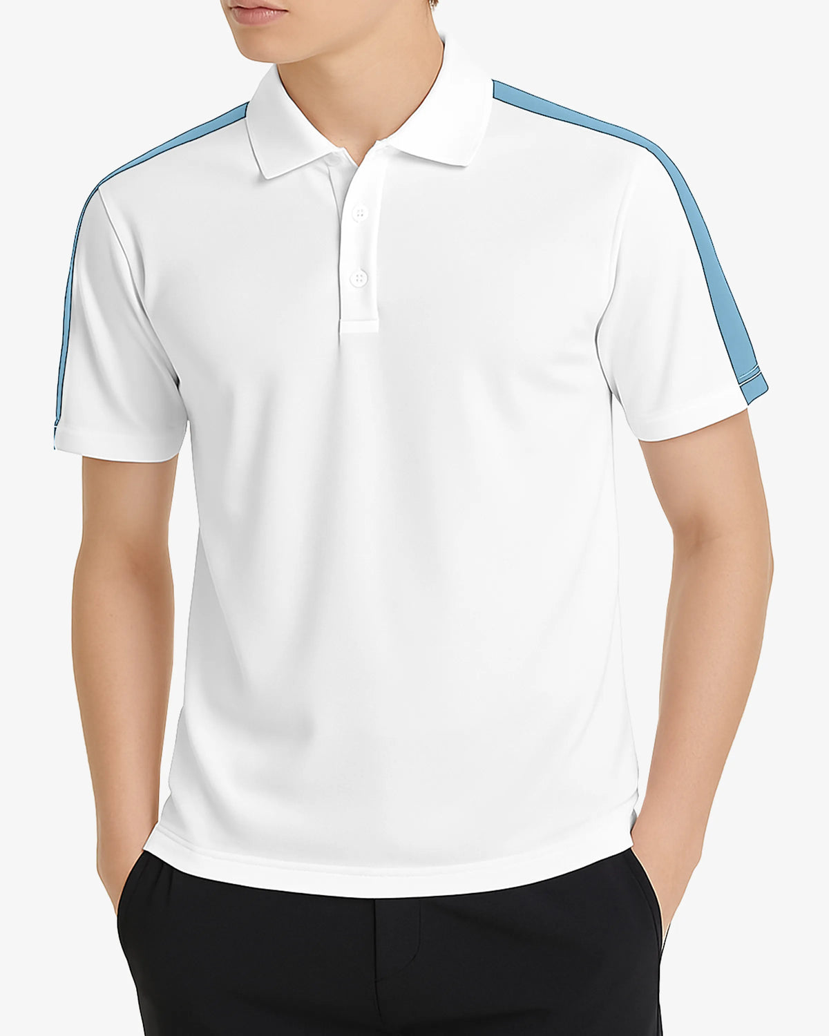White polo shirt with blue accents worn by a person on a white background