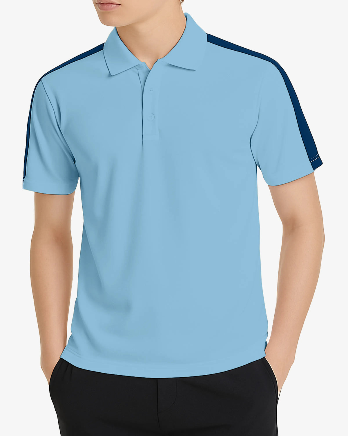 Light blue polo shirt with dark blue accents worn by a person on a white background