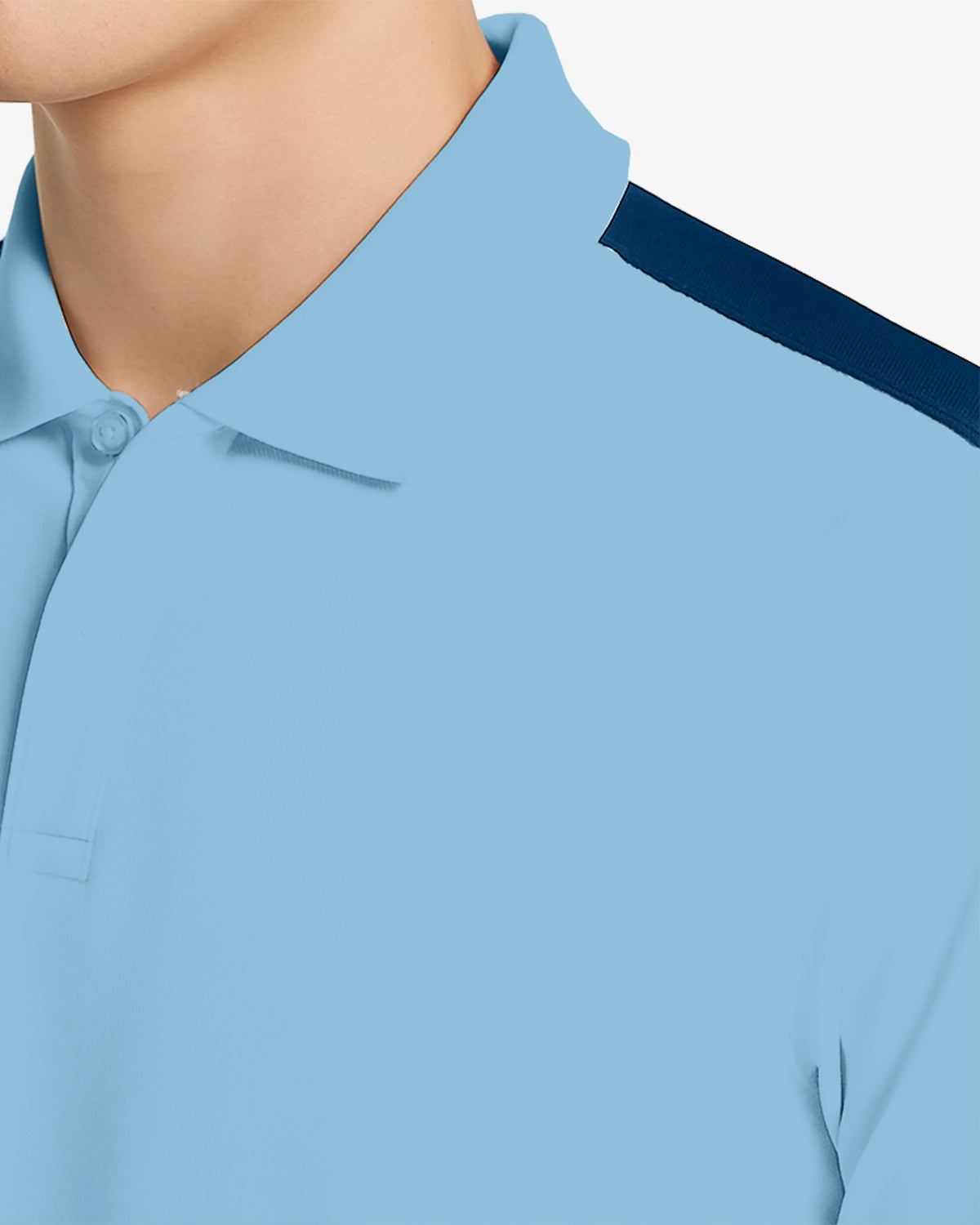 Light blue polo shirt with a dark blue collar on a neutral background