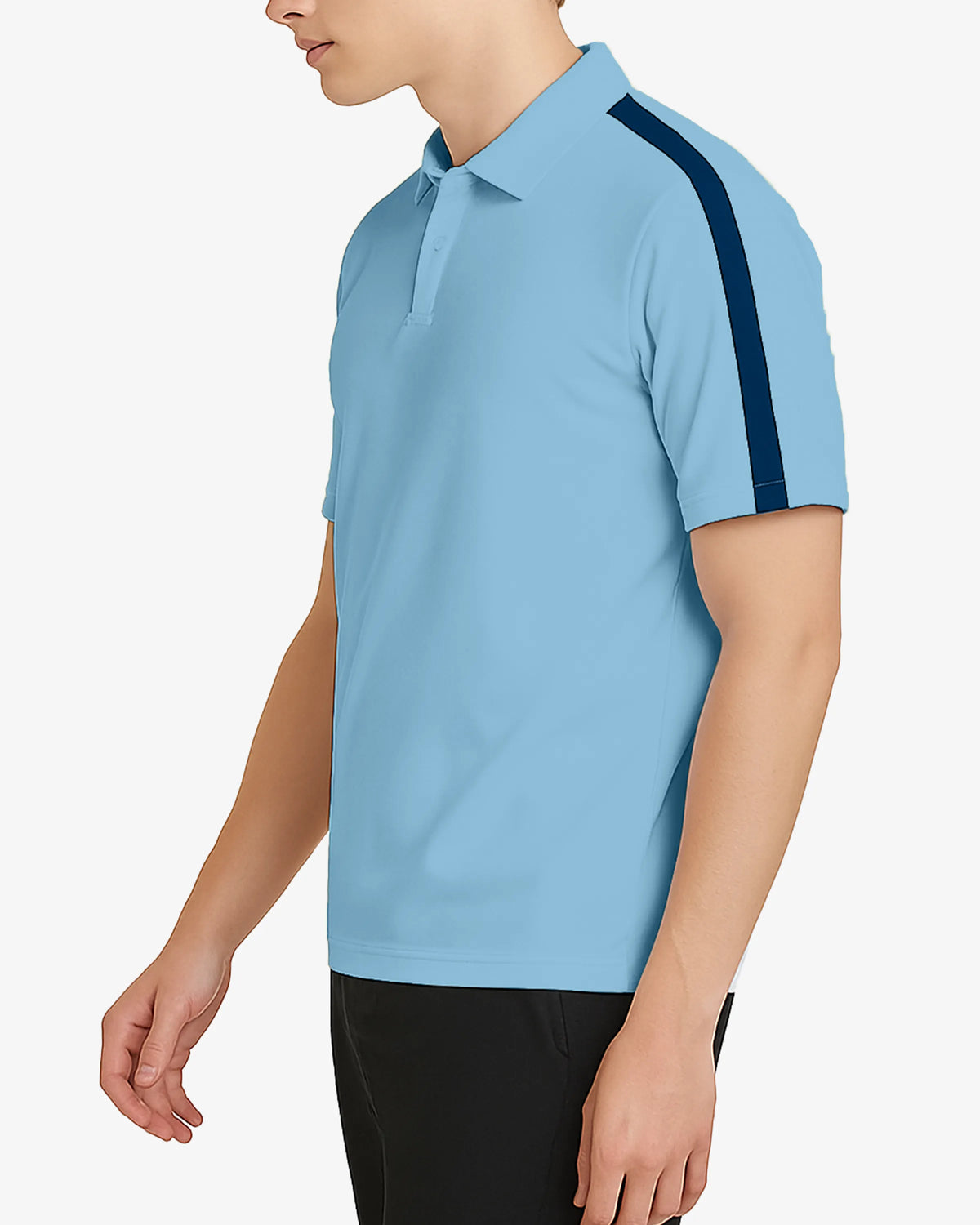 Light blue polo shirt with dark blue accents worn by a person on a white background