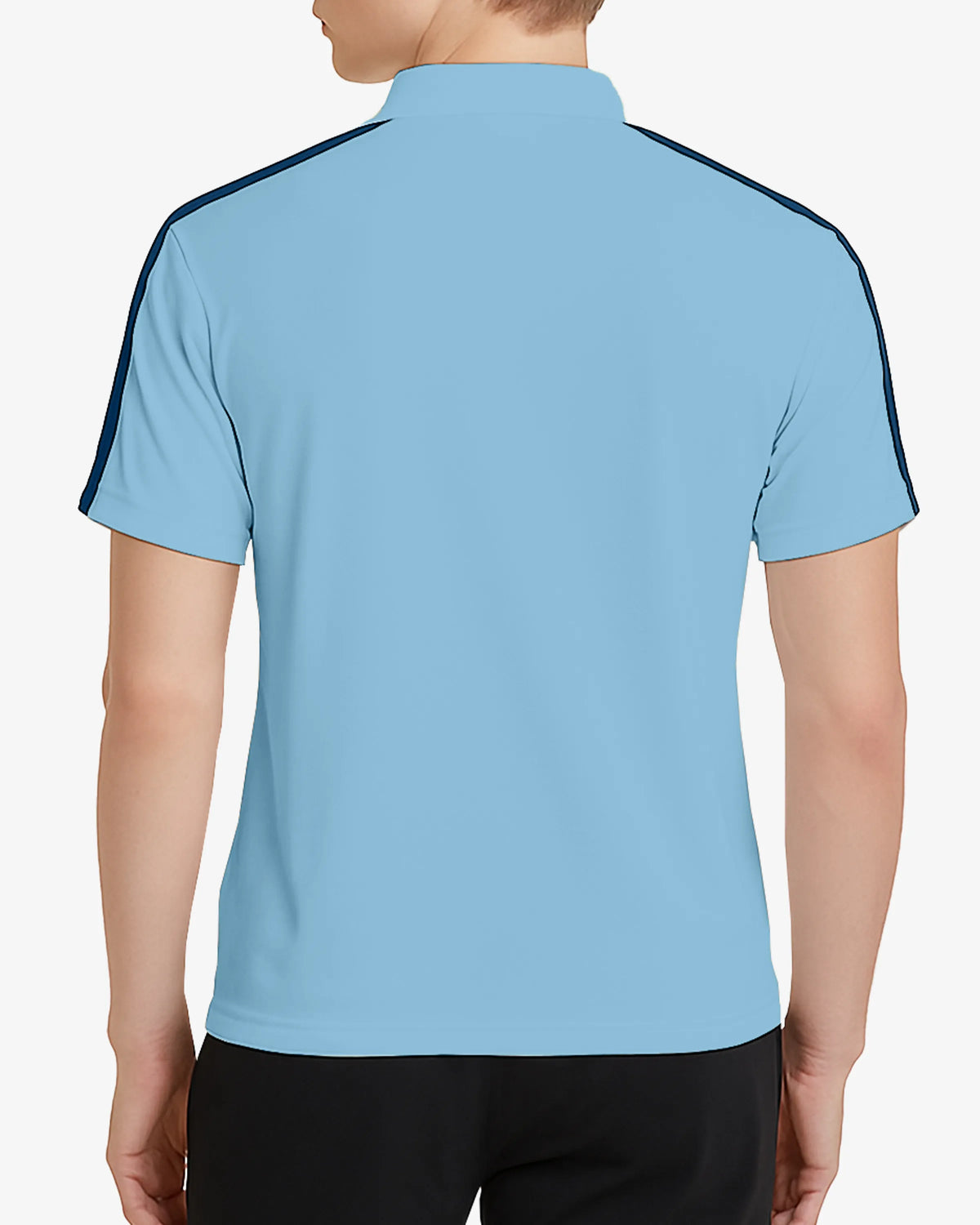 Light blue polo shirt with dark blue stripes on sleeves and collar, worn by a person.