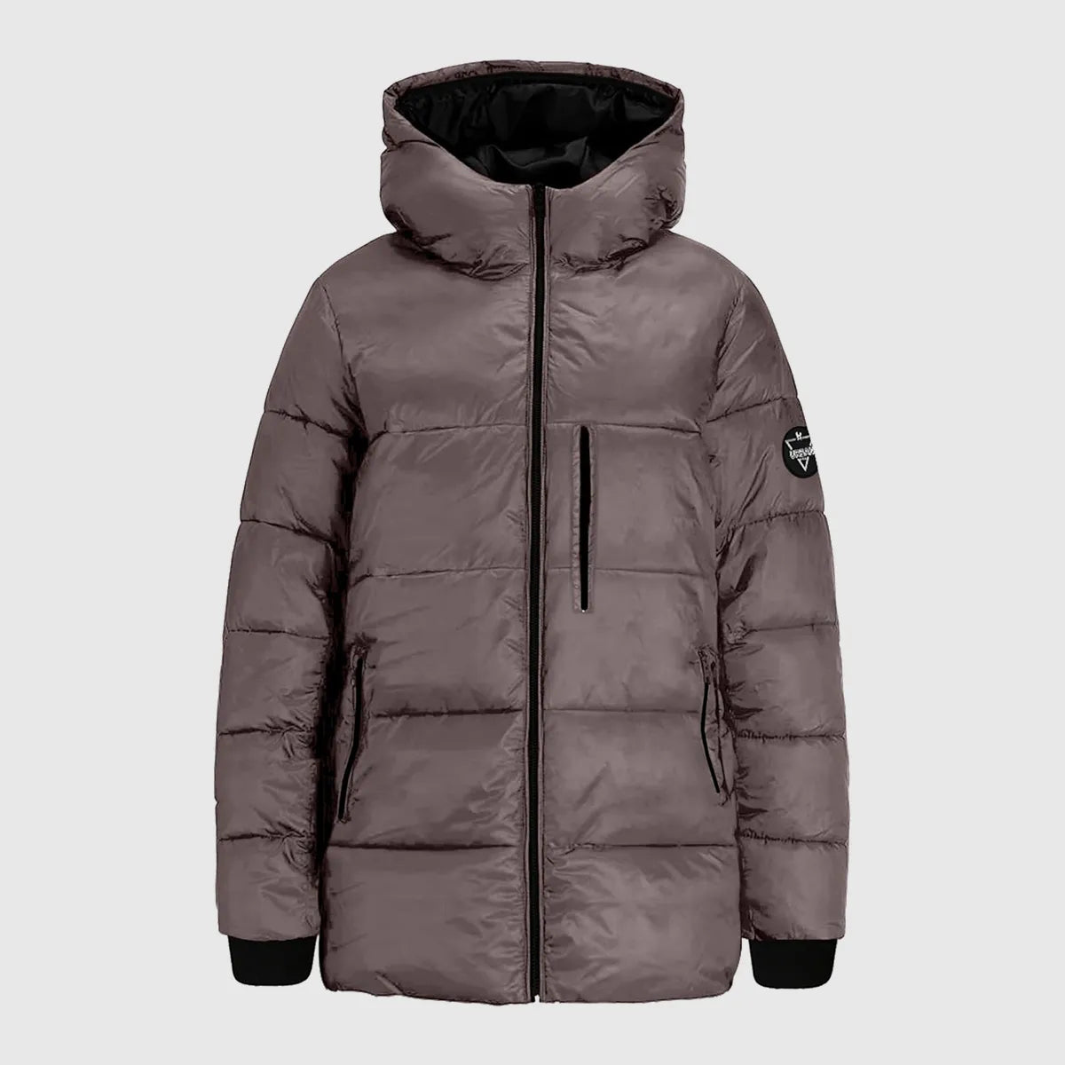 Gray puffer jacket with a hood on a light gray background