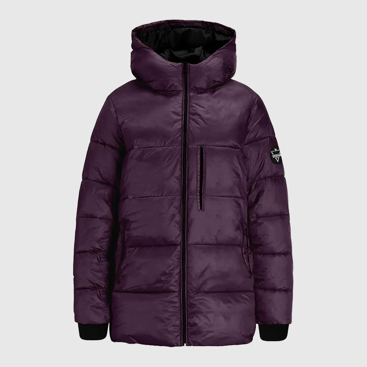 Purple puffer jacket with a brand logo on a light gray background