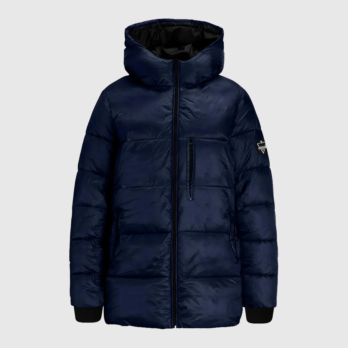 Navy blue puffer jacket with a brand logo on a light gray background