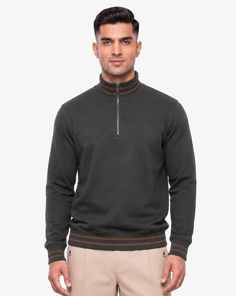Maxwell 2.0 Brown Collar Lines Zip Pullover Sweatshirt Regular Fit