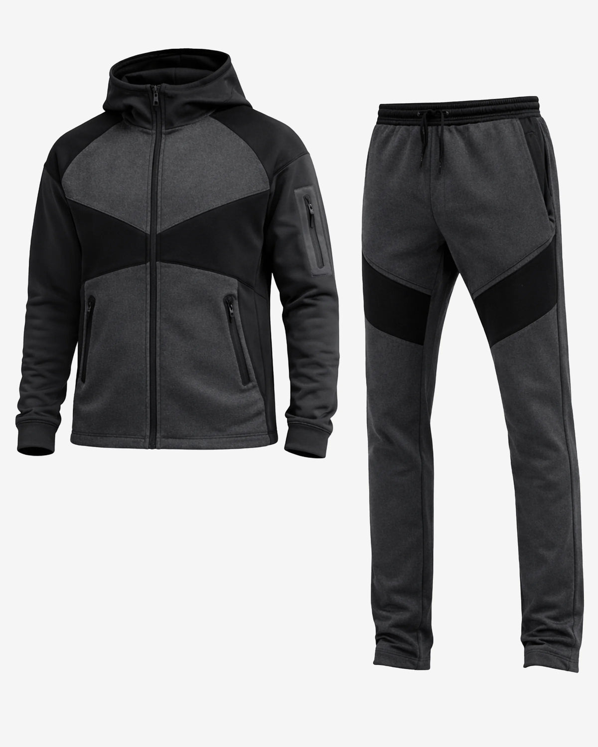 Gray and black tracksuit with hood on a white background