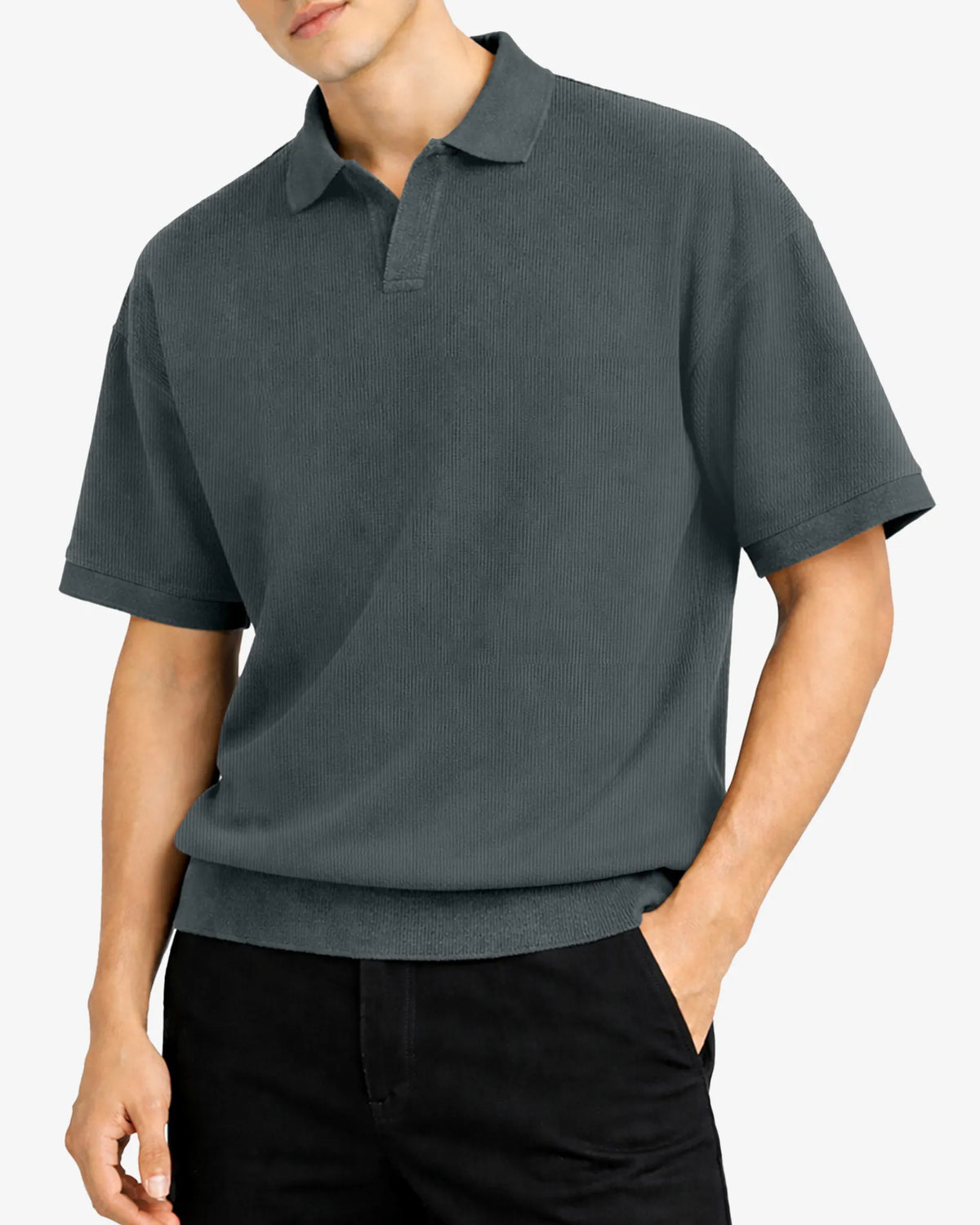 Person wearing a dark gray polo shirt on a white background