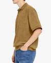 Person wearing a brown knitted polo shirt and blue jeans on a white background