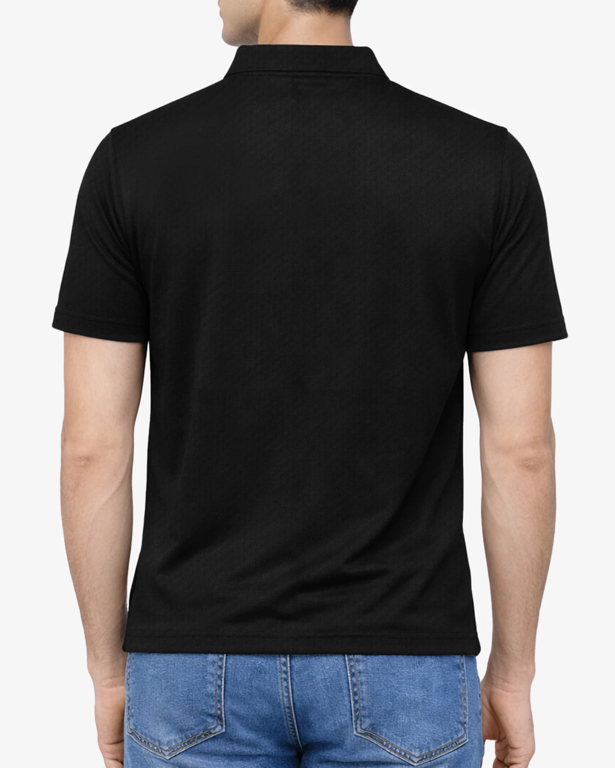 Black polo shirt worn by a person on a white background
