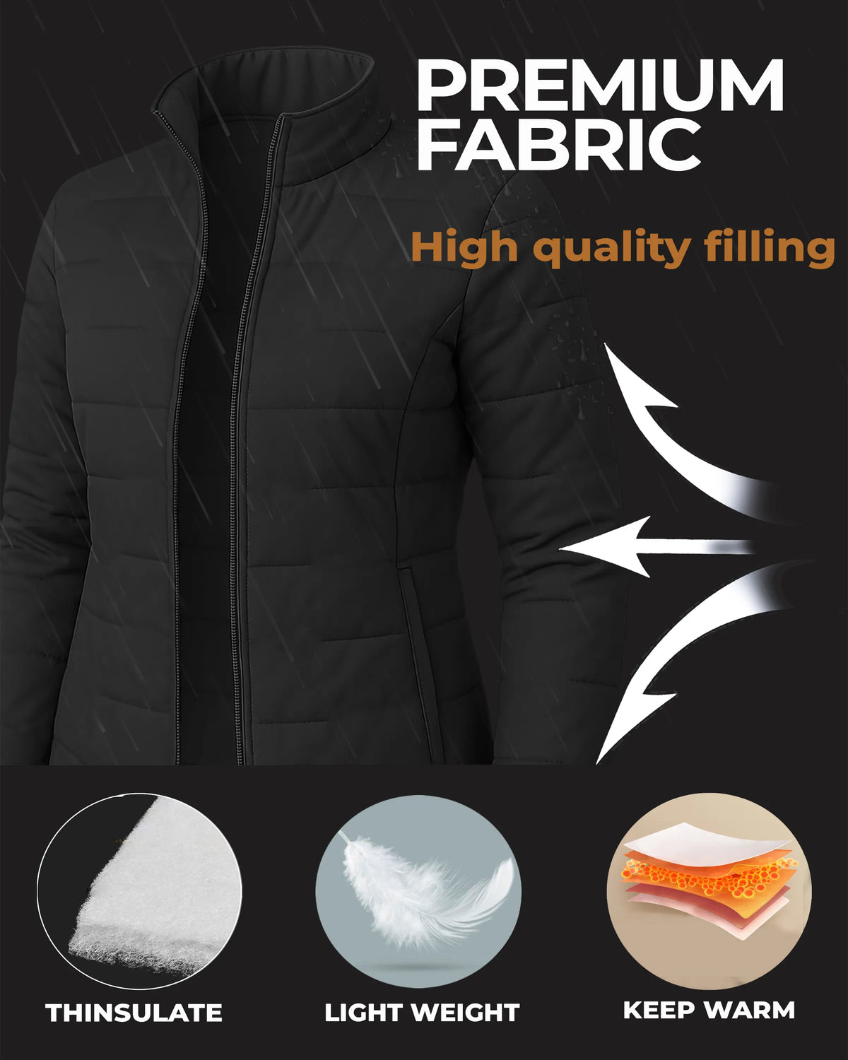 Black puffer jacket with text highlighting premium fabric and high-quality filling on a dark background.