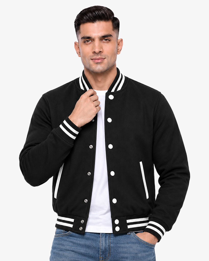 Monocrest Men's Black Pullover Varsity Jacket with White Trim