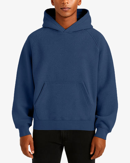 Person wearing a blue hoodie on a white background