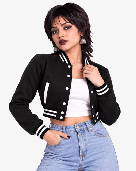 Noirette Women's Black Cropped Pullover Varsity Jacket