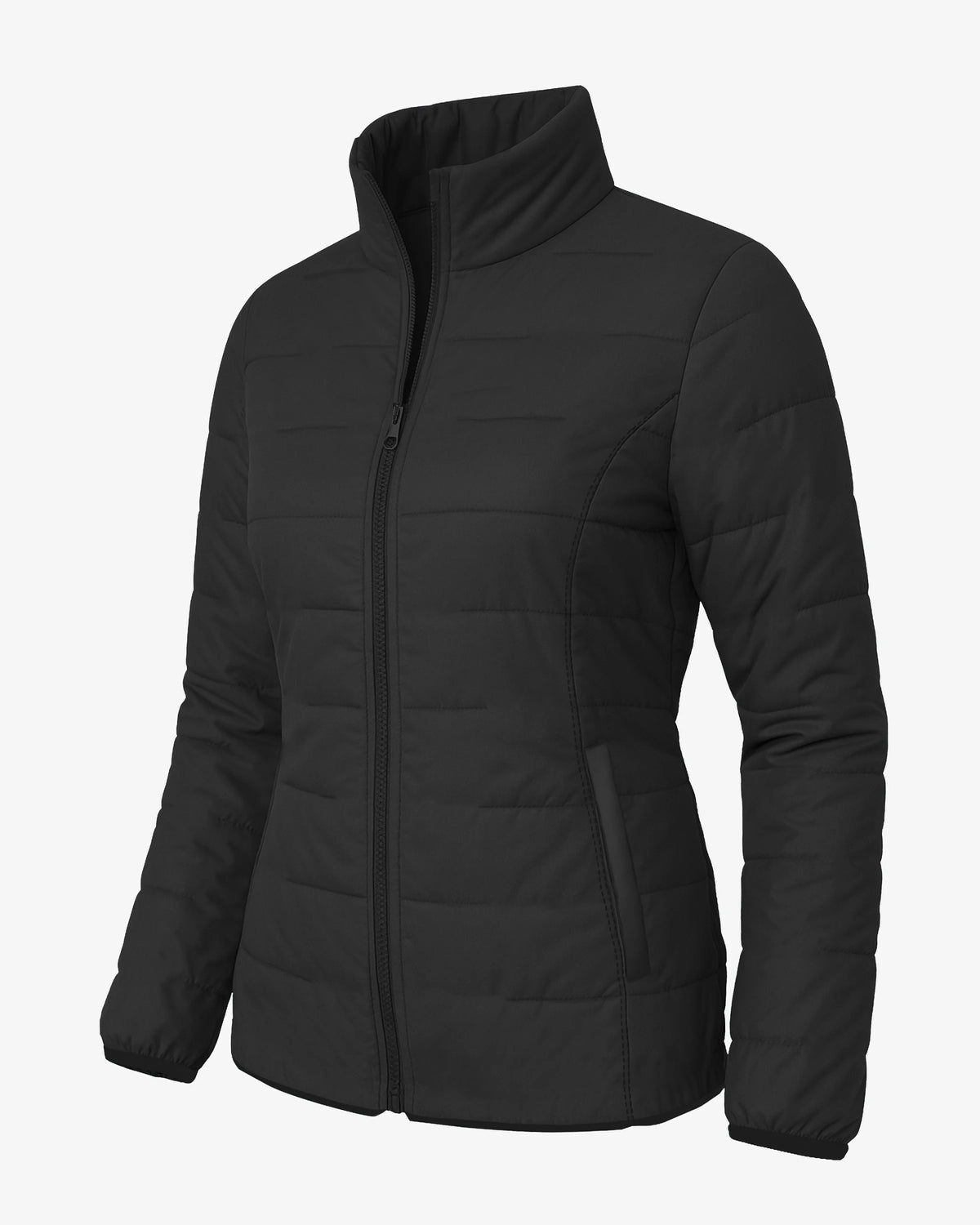 Black quilted jacket on a white background