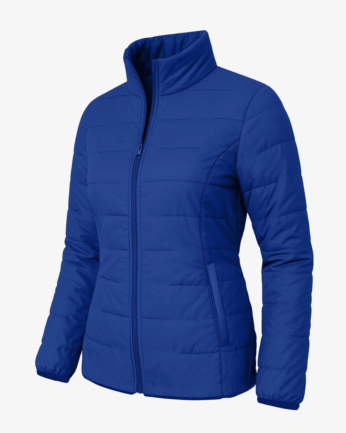 Blue puffer jacket on a light gray background