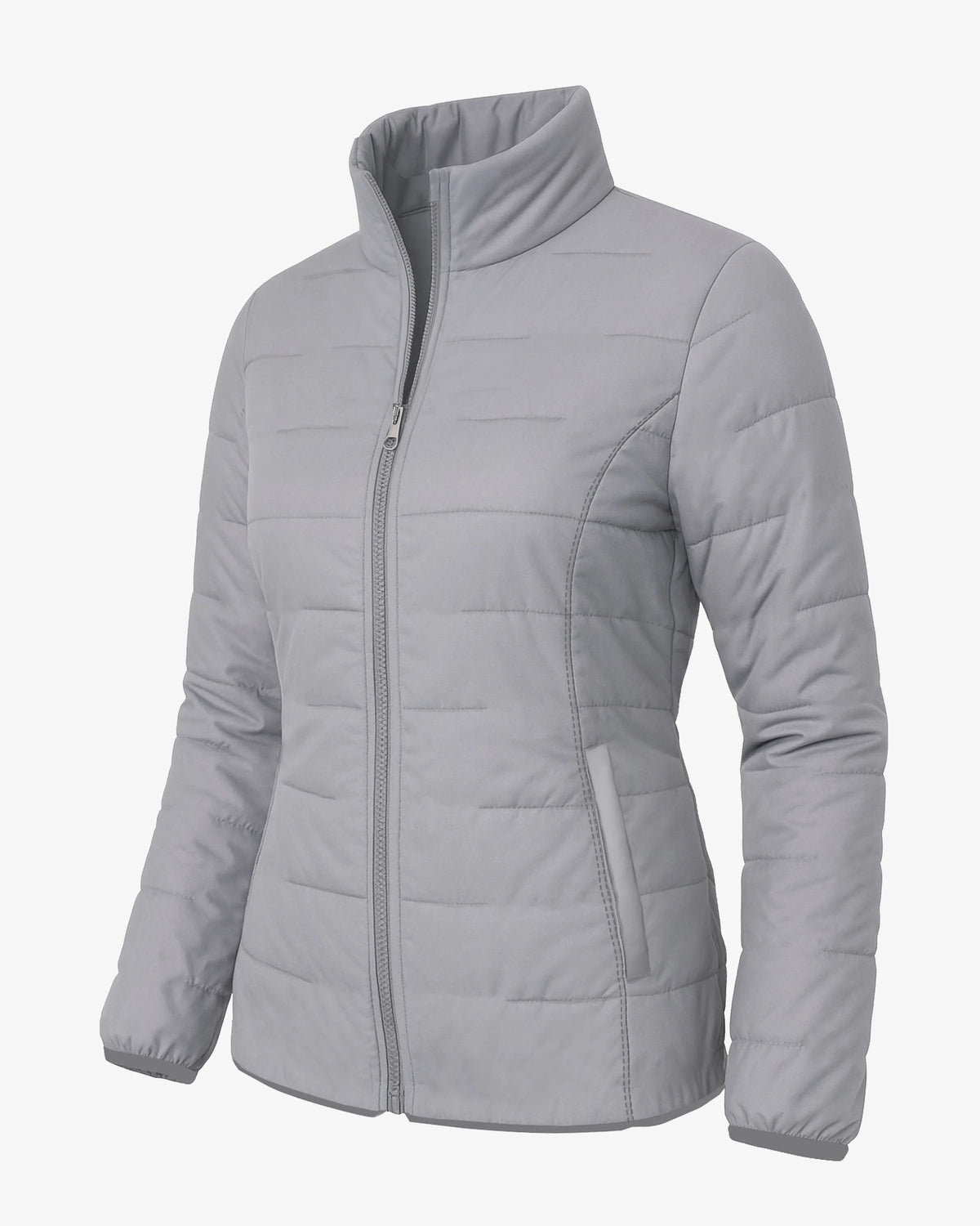 Gray quilted jacket on a light gray background