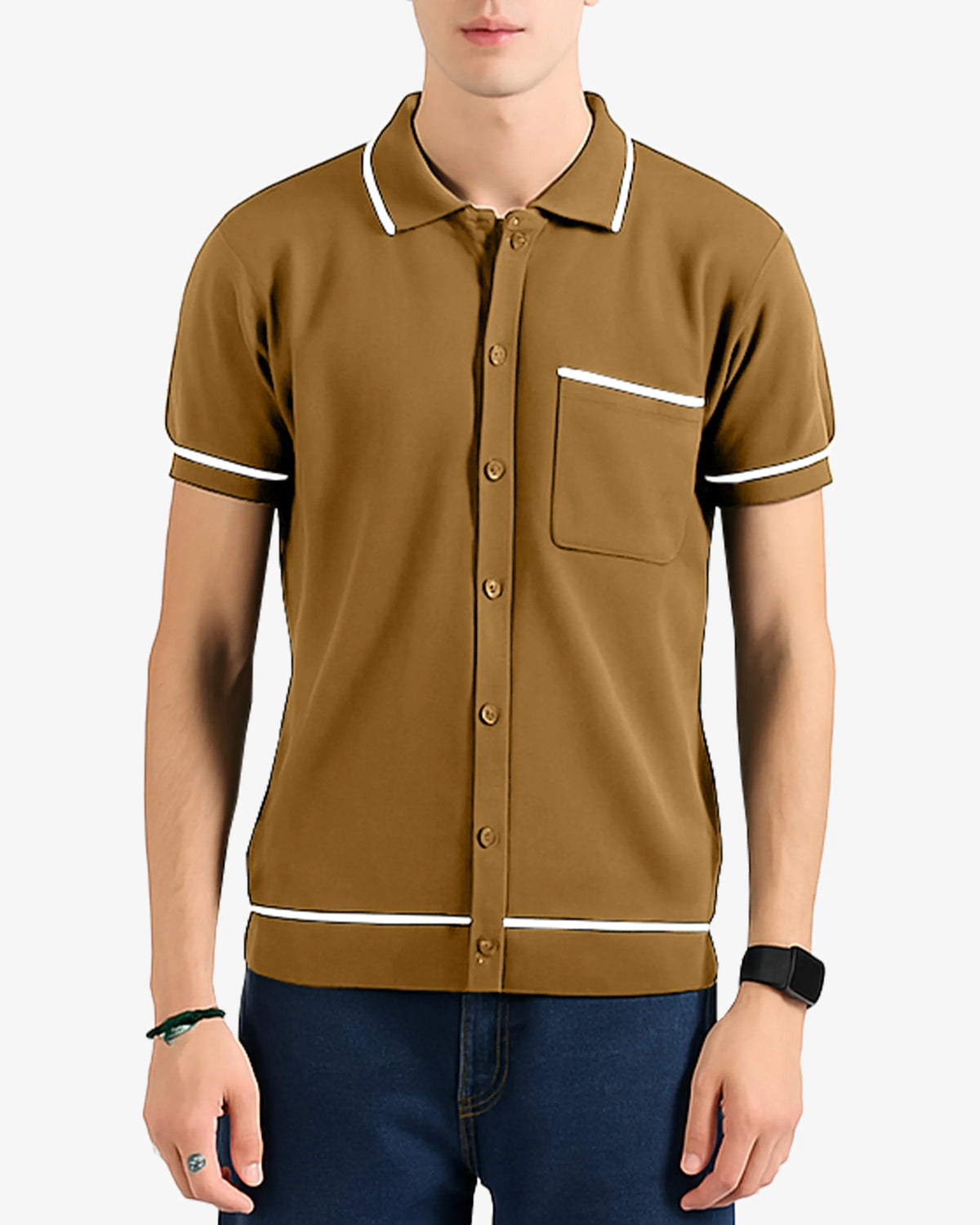 Brown polo shirt with white trim on a plain background