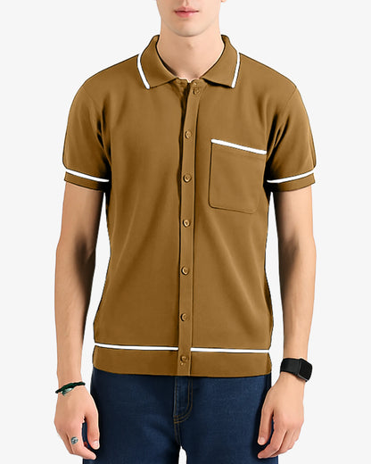 Brown polo shirt with white trim on a plain background
