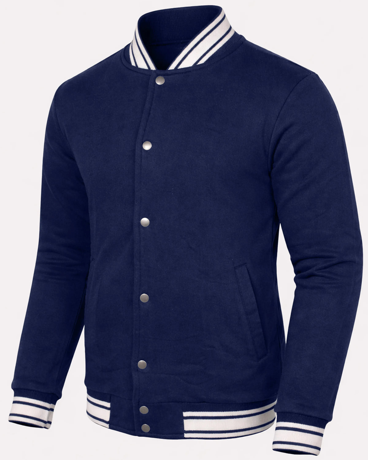 Navy blue varsity jacket with white trim on a white background