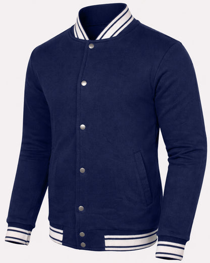Navy blue varsity jacket with white trim on a white background