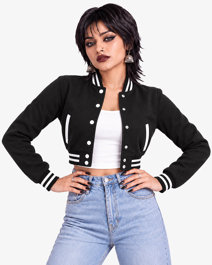 Noirette Women's Black Cropped Pullover Varsity Jacket