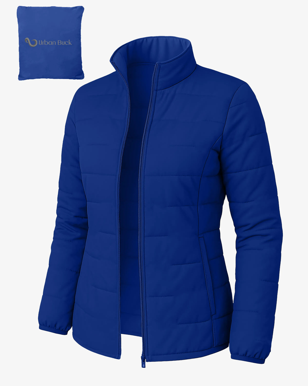 Blue puffer jacket with a small blue pillow in the corner on a white background