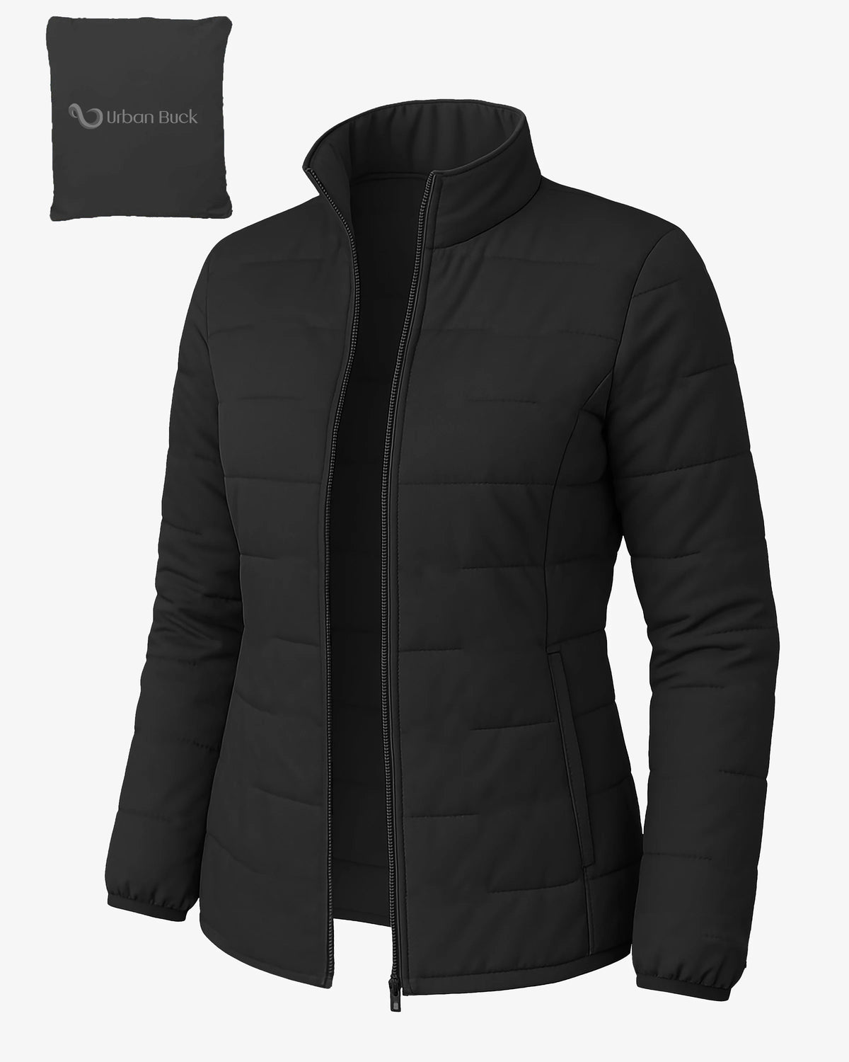 Black puffer jacket with a smaller black pouch on a white background