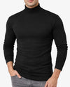 Black turtleneck sweater worn by a person on a white background