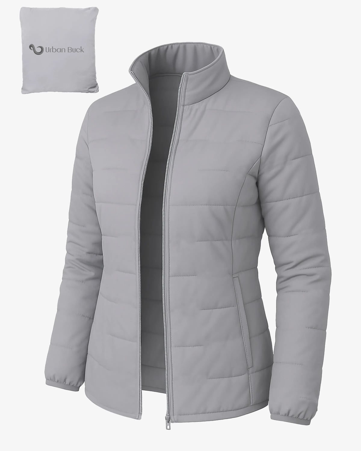 Gray quilted jacket with Urban Back logo on a white background
