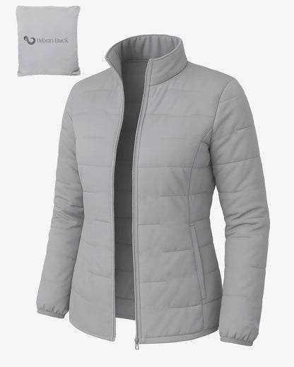Gray quilted jacket with Urban Back logo on a white background