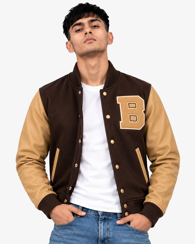 Bramber Men's Brown & Tan B-Patch Pullover Varsity Jacket