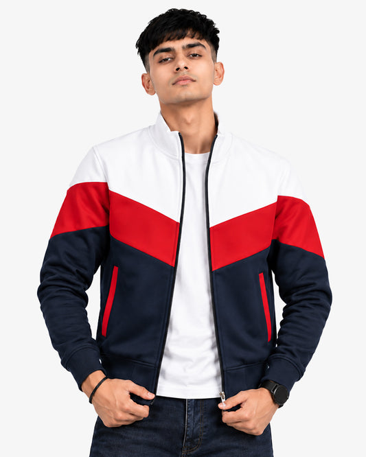Rallyarc Men's Navy Color Block Zip-Up Pullover Varsity Jacket