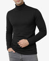 Person wearing a black turtleneck sweater on a white background
