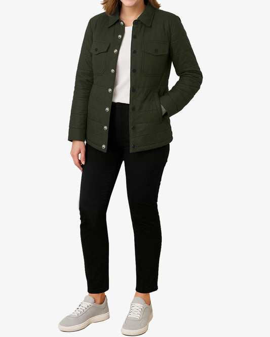 Person wearing a green jacket, white shirt, black pants, and gray sneakers on a white background
